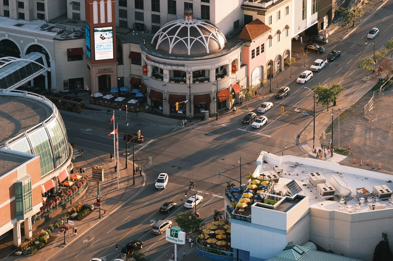 An aerial view of streets and architecture near Niagara Falls.